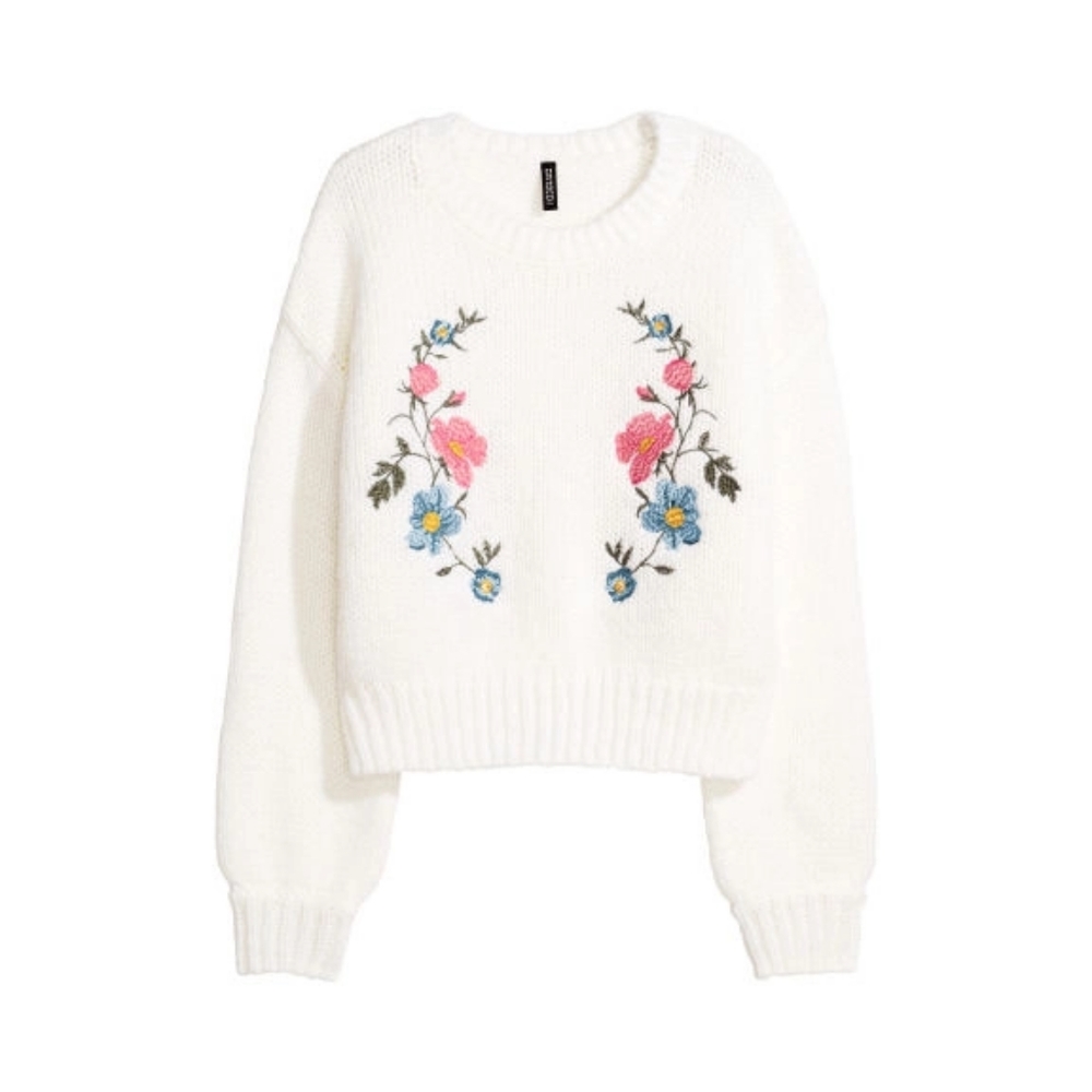 H&M Divided Ivory Floral Embroidered Sweater S